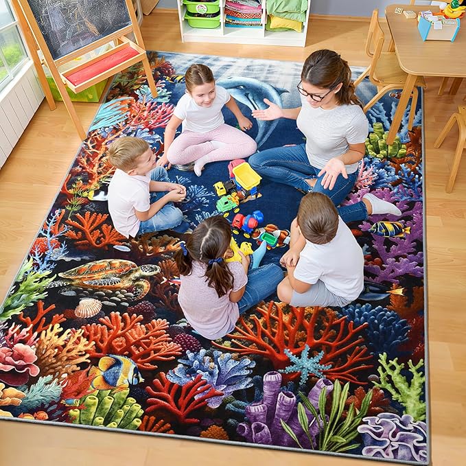 Amearea Soft Kids Rugs for Toddler Bedroom Playroom Classroom, Colorful Sea World 5x7 Area Rug, Non-Slip Washable Play Mat Nursery Rug, Fish Coral Reef Ocean Theme Carpet for Boy Girl Room Decor, Blue