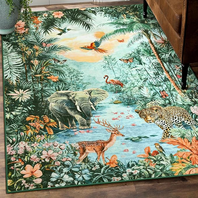 Amearea Jungle Print Small Area Rug for Living Room, Soft 3x5 Feet Washable Green Rugs for Bedroom, Forest Animal Rug Low Pile Kids Nursery Room Rug Carpet for Boys Girls Playroom Nursery Office Decor