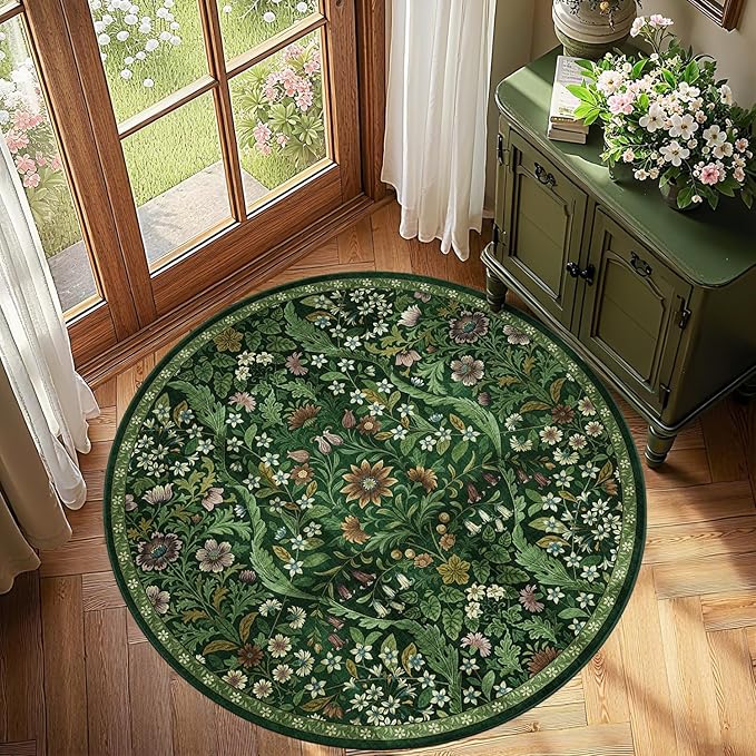 Round Rug 4ft Dark Green Washable Floral Circle Rug,Vintage Boho Botanical Round Area Rugs, Non-Slip Soft Low-Pile Circular Carpet for Bedroom,Kids Room,College Dorm,Home Decor