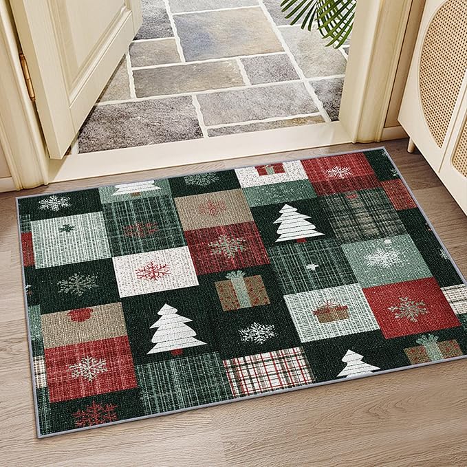 Christmas Area Rug, 6x9 Rug for Bedroom, Xmas Tree Snowflake Patchwork Plaid Washable Rugs for Living Room, Non Slip Soft Low Pile Stain Resistant Carpet, Christmas Room Decor