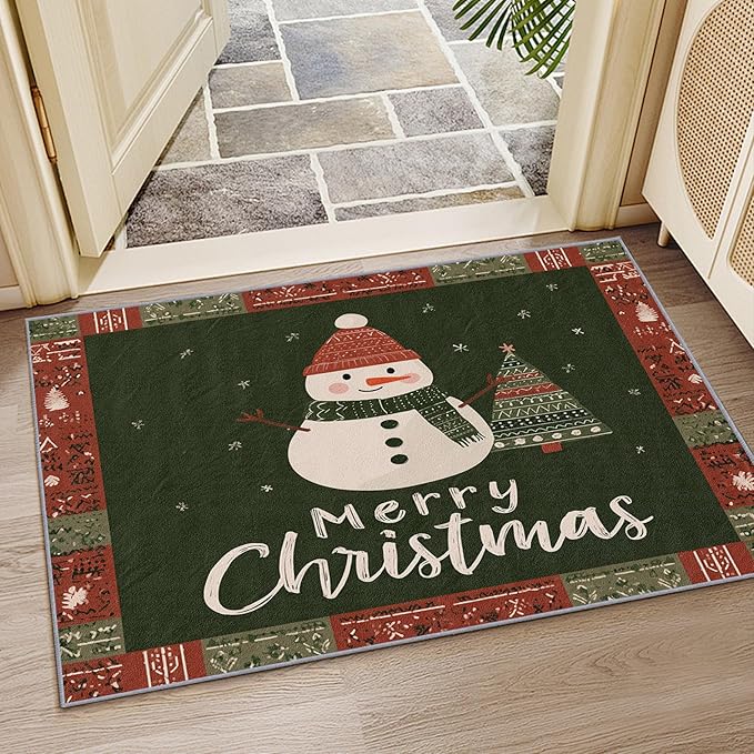 Kids Christmas Area Rug, 5x6 Rug for Bedroom, Snowman Xmas Tree Snowflake Washable Rugs for Living Room, Non Slip Soft Low Pile Stain Resistant Carpet, Christmas Holiday Room Decor