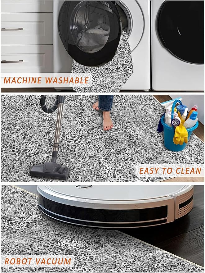 vivorug Round Rug 5ft Vintage-Inspired Round Area Rug Non-Slip Indoor Carpet for Living Room Bedroom Entryway, Stain Resistant Home Decor Circle Rug, Grey Medallion