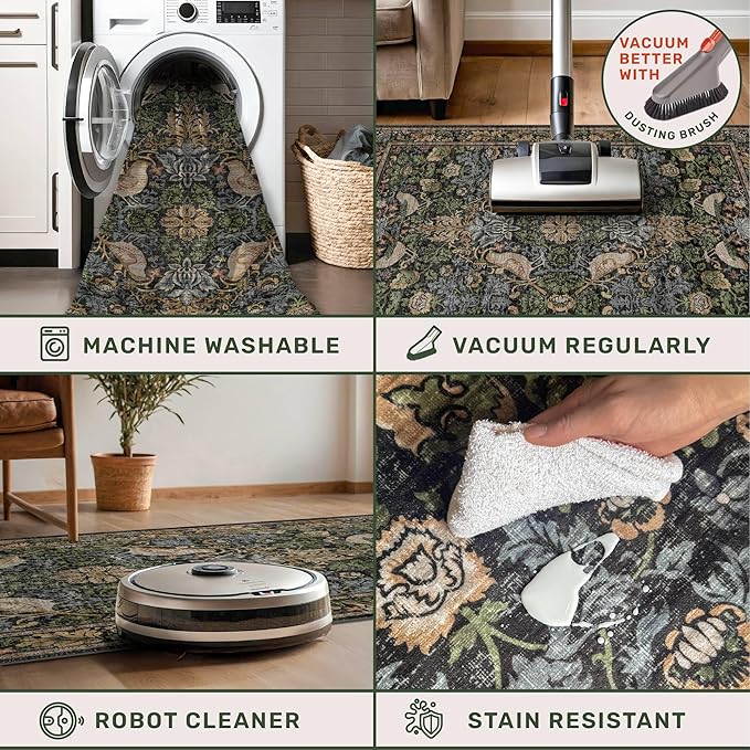 Large Entryway Rugs Indoor - 3x6 Washable Rugs for Kitchen Bedroom Beside Bed Door Mat Indoor Entrance with Moody Woodland Flowers, Non Slip Stain Resistant Low Pile