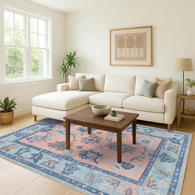 Fame Living Modern Oushak Rug, Vintage, Turkish, Eclectic, Floral, Pastel, Washable, Area Rugs for Living Room, Dining, Bedroom, Nursery, Girls, Boys, 5'9"x8'9"