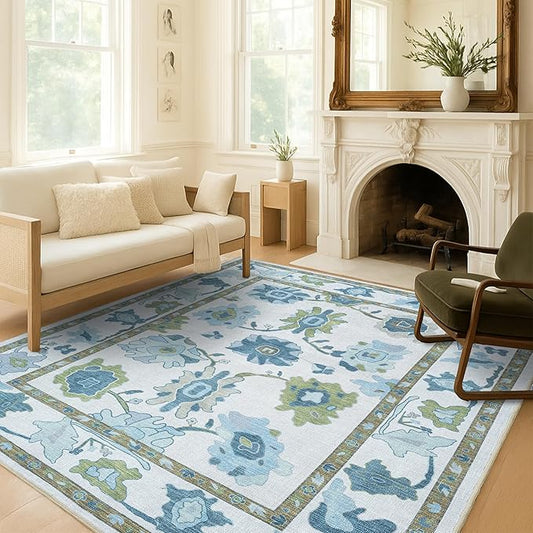 Fame Living Green Oushak Rug, Modern, Vintage, Turkish, Eclectic, Floral, Pastel, Washable, Large Area Rugs for Living Room, Dining, Bedroom, Girls, Boys, 7'5"x9'8"