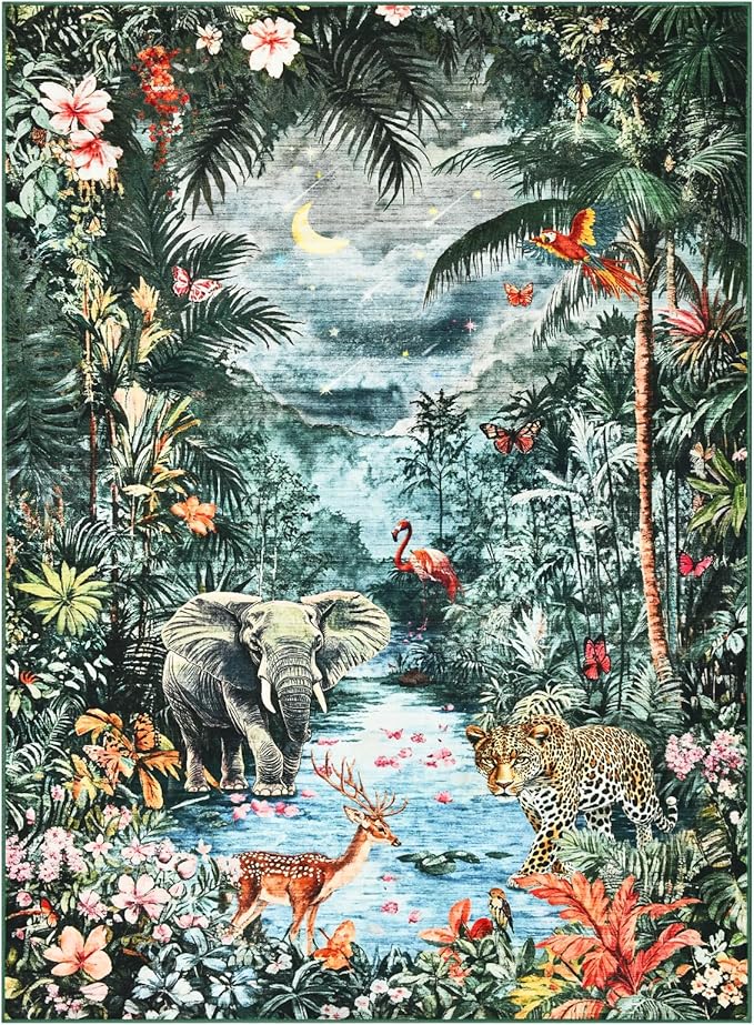 Amearea Jungle Print 5x7 Area Rug for Living Room, Washable Forest Animal Rugs for Bedroom, Low Pile Kids Nursery Room Rug, Leopard Rug Carpet for Boys Girls Playroom Dining Room Decor, Dark Green
