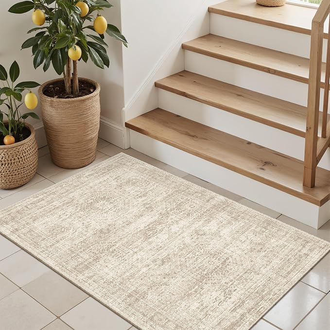 2x3 Washable Rugs for Kitchen, Floor, Entryway, Powder Room Small Area Rug Non-Slip Vintage Low Pile Throw Door Mat Beige