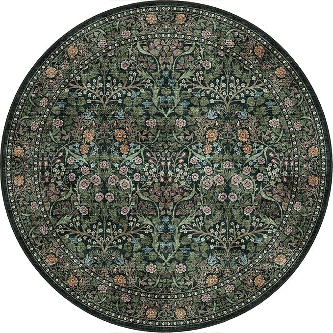 Green Round Rug 4ft - Soft Washable Boho Floral Round Bathroom Rug Non Slip Stain Resistant Vintage Botanical Circle Area Rugs for Living Room Bedroom Entryway Dining Room Office Nursery