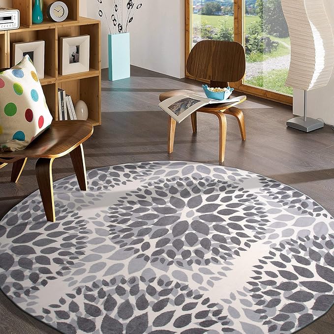 Rugshop Modern Floral Circles Design for Living Room,Bedroom,Home Office,Kitchen Non Shedding Round Rug 6' 6" Gray (6' 6" Diameter)