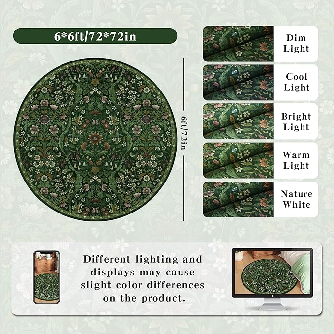 Round Rug 6ft Dark Green Washable Floral Circle Rug,Vintage Boho Botanical Round Area Rugs, Non-Slip Soft Low-Pile Circular Carpet for Bedroom,Kids Room,College Dorm,Home Decor