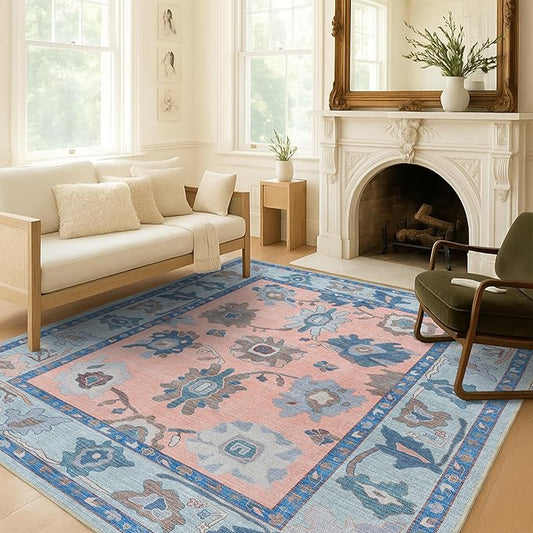 Fame Living Modern Oushak Rug, Vintage, Turkish, Eclectic, Floral, Pastel, Washable, Area Rugs for Living Room, Dining, Bedroom, Nursery, Girls, Boys, 5'9"x8'9"