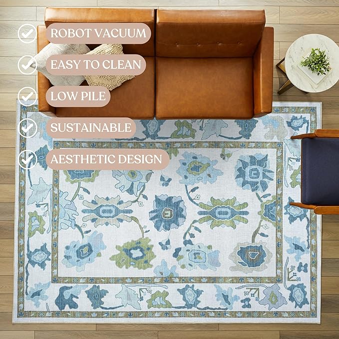 Fame Living Green Oushak Rug, Modern, Vintage, Turkish, Eclectic, Floral, Pastel, Washable, Large Area Rugs for Living Room, Dining, Bedroom, Girls, Boys, 7'5"x9'8"