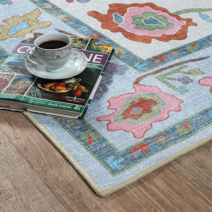 Fame Living Colorful Oushak Rug, Modern, Vintage, Turkish, Eclectic, Floral, Pastel, Washable, Large Area Rugs for Living Room, Dining, Bedroom, Girls, Boys, 7'5"x9'8"