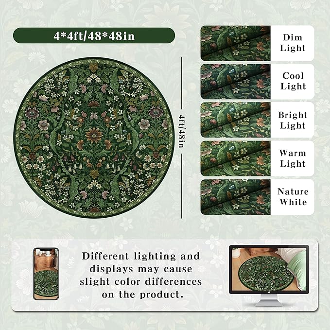 Round Rug 4ft Dark Green Washable Floral Circle Rug,Vintage Boho Botanical Round Area Rugs, Non-Slip Soft Low-Pile Circular Carpet for Bedroom,Kids Room,College Dorm,Home Decor