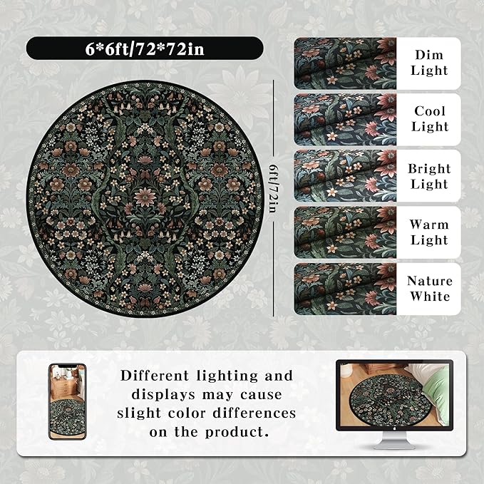 Round Rug 6ft Black Washable Floral Circle Rug,Vintage Boho Botanical Round Area Rugs, Non-Slip Soft Low-Pile Circular Carpet for Bedroom,Kids Room,College Dorm,Home Decor