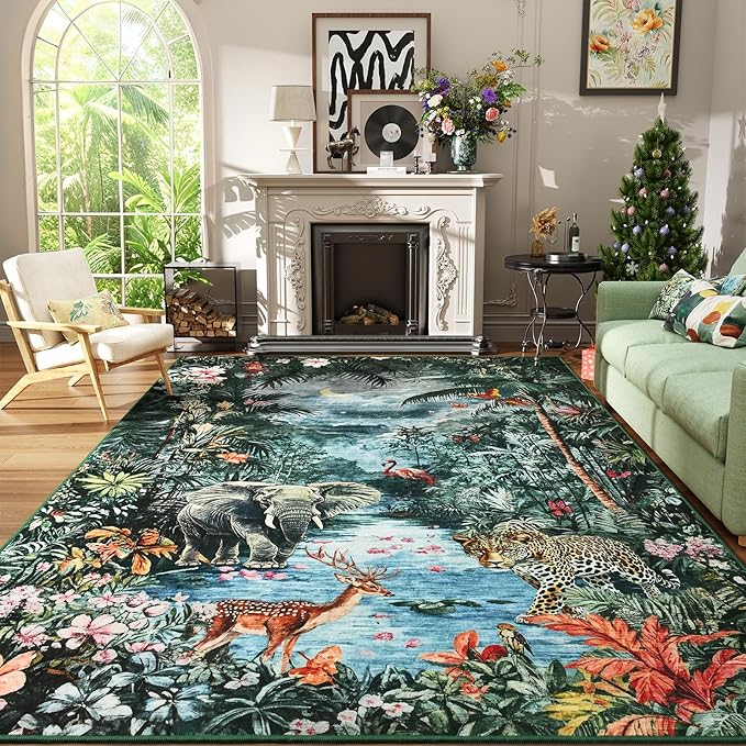 Amearea Jungle Print 6x9 Area Rug for Living Room, Washable Forest Animal Rugs for Bedroom, Low Pile Kids Nursery Room Rug, Leopard Rug Carpet for Boys Girls Playroom Dining Room Decor, Dark Green