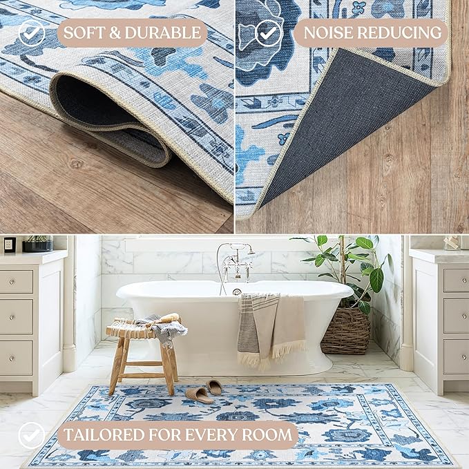 Fame Living Navy Blue Oushak Rug, Modern, Vintage, Turkish, Eclectic, Floral, Pastel, Washable, Large Area Rugs for Living Room, Dining, Bedroom, Girls, Boys, 7'5"x9'8"