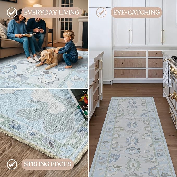 Fame Living Cream Blue Oushak Rug, Modern, Vintage, Turkish, Eclectic, Floral, Pastel, Washable, Area Rugs for Living Room, Dining, Bedroom, Nursery, Girls, Boys, 5'9"x8'9"