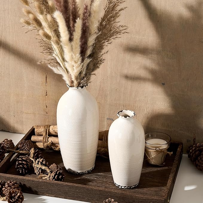 Ceramic Vases for Home Decor, Ice Crackle Aged White Vintage Ceramic Vase Set of 2, Minimalist Decorative Vase for Table Centerpiece Dining Living Room Office Nightstand Fireplace Decoration