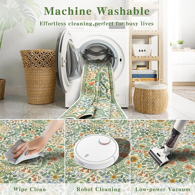 Round Rug 4ft Grass Green Washable Floral Circle Rug,Vintage Boho Botanical Round Area Rugs, Non-Slip Soft Low-Pile Circular Carpet for Bedroom,Kids Room,College Dorm,Home Decor