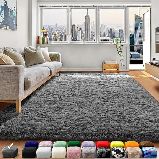 ONASAR Grey Area Rugs for Bedroom Living Room, Fluffy Fuzzy Shag Shaggy 4x6 Bedside Rug, Gray Washable Soft Plush Indoor Floor Carpet for Nursery Kids Girls Boys Teen Dorm Home Office Decor Aesthetic