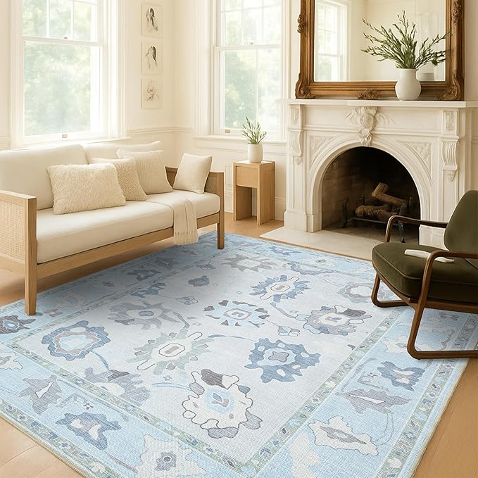 Fame Living Cream Blue Oushak Rug, Modern, Vintage, Turkish, Eclectic, Floral, Pastel, Washable, Large Area Rugs for Living Room, Dining, Bedroom, Girls, Boys, 7'5"x9'8"