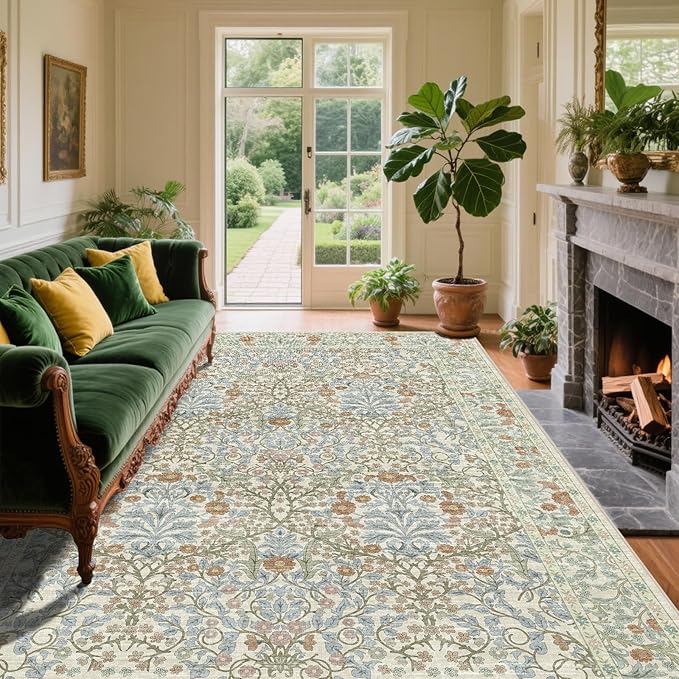 Vintage Beige Blue Living Room Rug, 6x9 Washable Area Rugs for Dining Room Under Table, Soft Low Pile Large Carpet Bedroom, Non-Slip Boho Floral (6 x 9 Beige Blue)