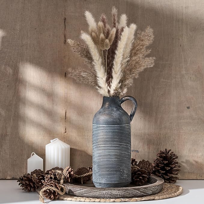 Ceramic Rustic Vase for Home Decor, Terracotta Vase with Handle, Handcrafted Vintage Decorative Flower Vase for Farmhouse, Living Room, Table, Fireplace, Nightstand - Black Bronze