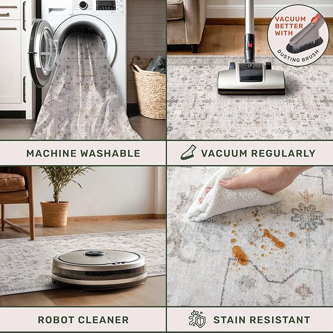 Light Gray Washable Rugs for Living Room - 4x8 Vintage Boho Eclectic Pastel, Washable Low Pile Non Slip Area Rug for Bedroom Beside Bed, Door Mat Indoor Entrance, Kitchen, Home Floor Decor