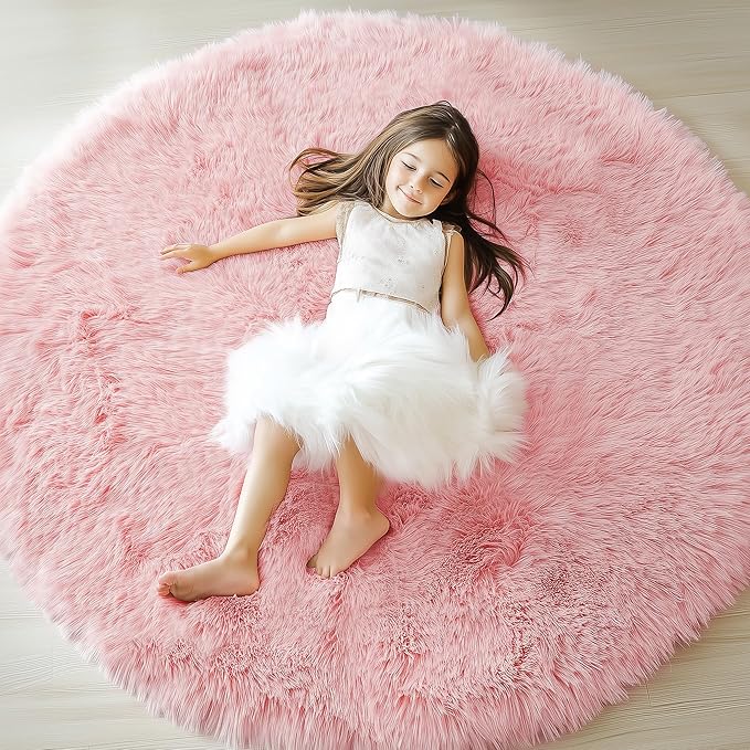 ONASAR Light Pink Round Area Rugs 4ft for Bedroom Living Room, Washable Fluffy Circle Rug for Kids Girls Boys Teen, Soft Plush Shaggy Carpet for Nursery Dorm Classroom Playroom Home Decor Aesthetic