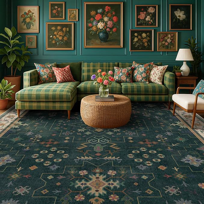 Dark Green Vintage 8x10 Washable Rugs for Living Room - Dark Academia Victorian Floral Geometric Bedroom Rug, Ultra Soft Thin Low Pile Non-Slip Large Rugs for Dining Room Under Table Lounge