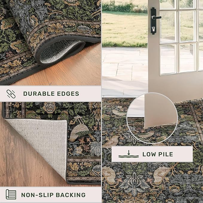 Floral Kitchen Runners - 2x7 Long Runner Rug for Hallway Bathroom Laundry Room Bedroom Beside Bed Entryway, Boho Birds Leaves Patterned Non Slip Low Pile Washable Rugs