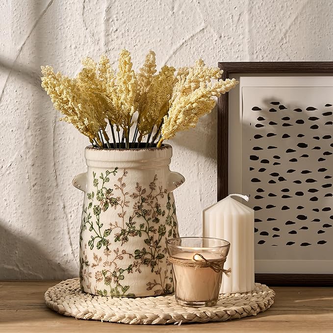 SIDUCAL Ceramic Green and Beige Retro Vase with Two-Ear, 7.6 Inch Ice Cracked Vintage Pastoral Vase, Rustic Farmhouse Vases for Home Decor, Table, Living Room, Shelf Decor, Chinoiserie Decor