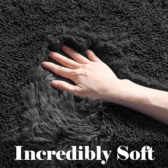 ONASAR Black Rugs for Bedroom, 3x5 Fluffy Bedside Small Area Rug, Washable Soft Plush Fuzzy Shaggy Indoor Floor Carpet for Living Room Nursery College Dorm Teen Kids Girls Boys Home Decor Aesthetic