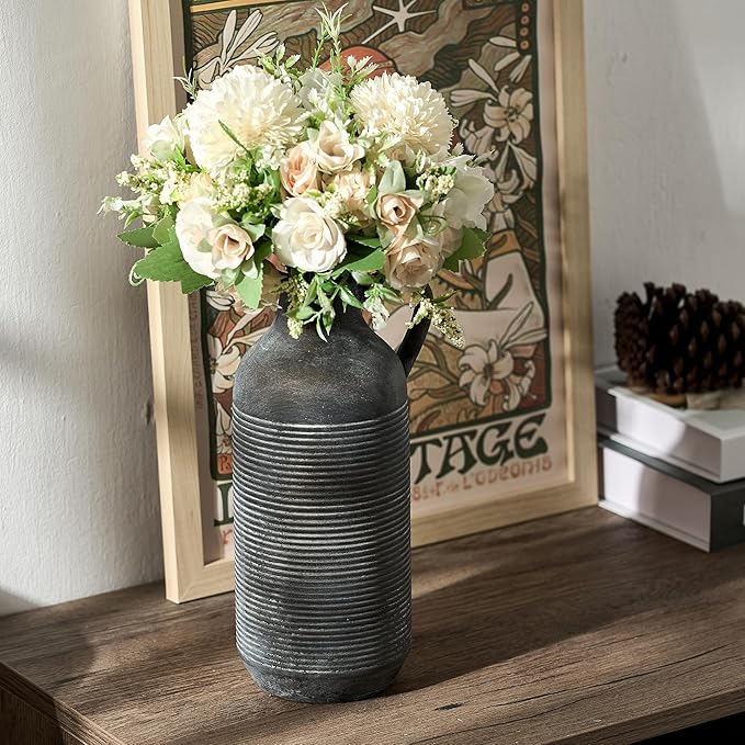 Ceramic Rustic Vase for Home Decor, Terracotta Vase with Handle, Handcrafted Vintage Decorative Flower Vase for Farmhouse, Living Room, Table, Fireplace, Nightstand - Black Bronze