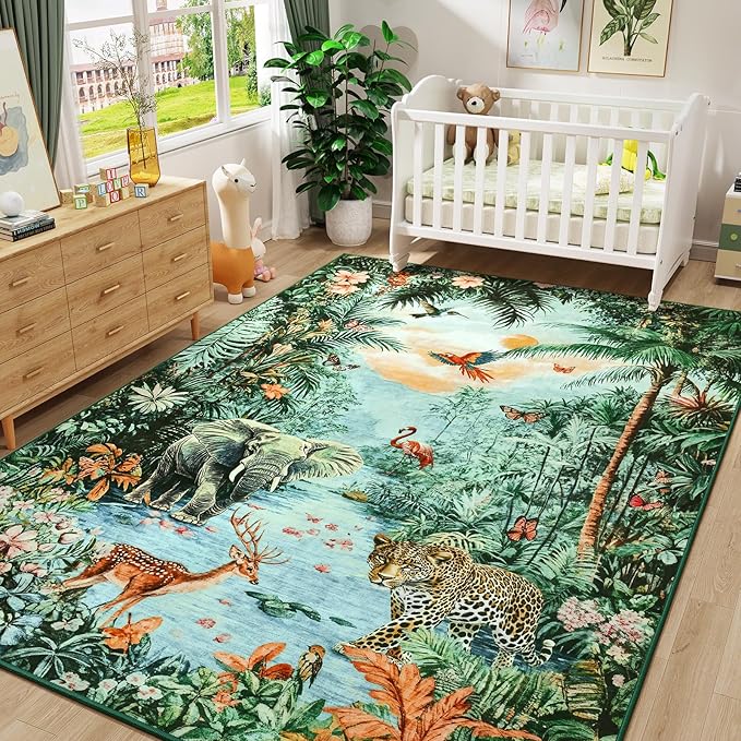 Amearea Jungle Print 5x7 Area Rug for Living Room, Washable Green Rugs for Bedroom, Forest Animal Rug Low Pile Kids Nursery Room Rug, Leopard Rugs Carpet for Boys Girls Playroom Dining Room Decor