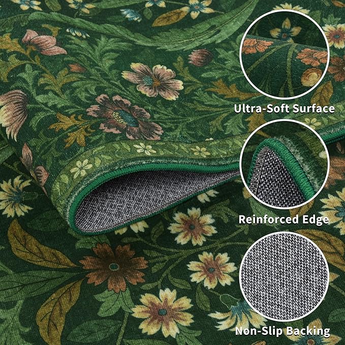 Round Rug 6ft Dark Green Washable Floral Circle Rug,Vintage Boho Botanical Round Area Rugs, Non-Slip Soft Low-Pile Circular Carpet for Bedroom,Kids Room,College Dorm,Home Decor