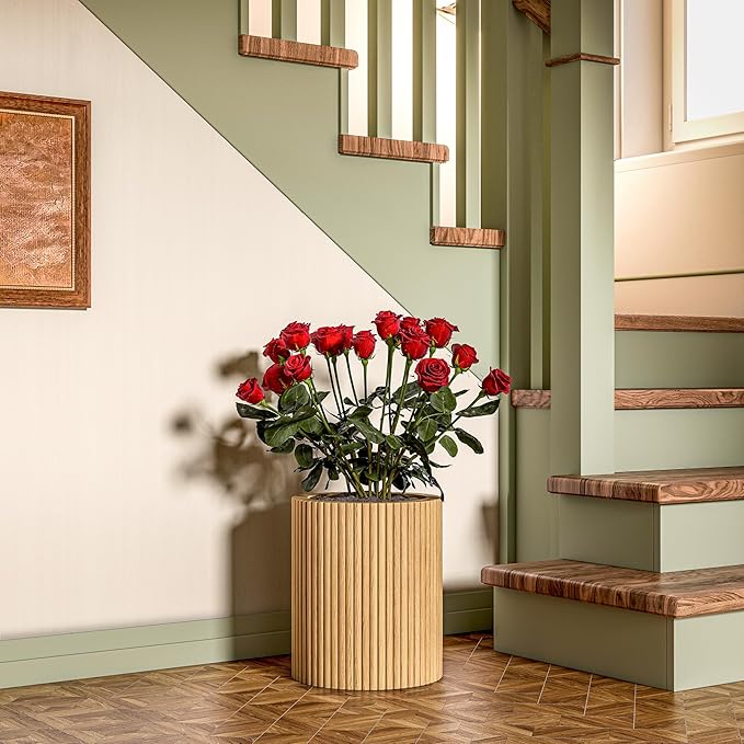 SHYFOY Fluted Wooden Round Indoor Outdoor Planters, Cylinder Decorative Floor Vase Flower Plant Pots for Living Room Dining Bedroom Home Corner