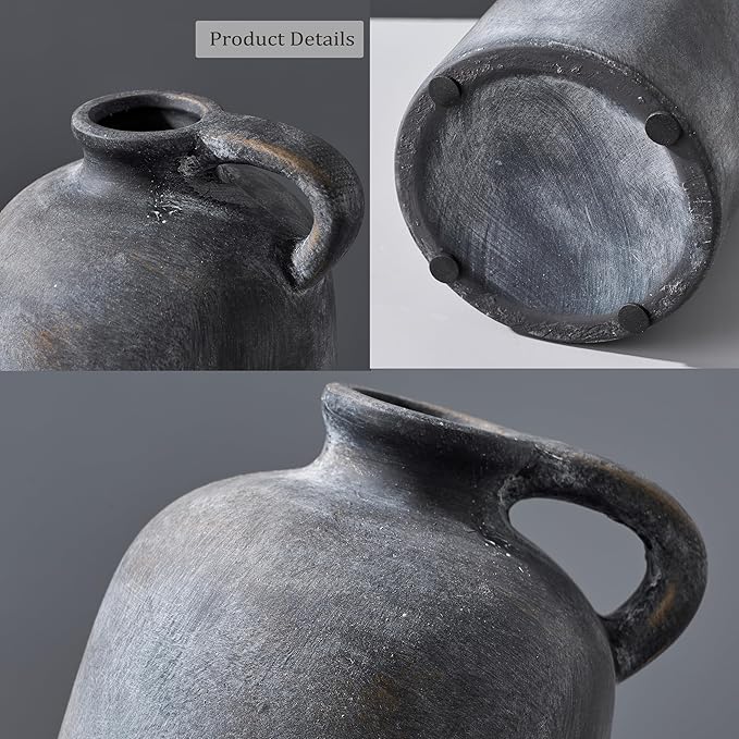 Ceramic Rustic Vase for Home Decor, Terracotta Vase with Handle, Handcrafted Vintage Decorative Flower Vase for Farmhouse, Living Room, Table, Fireplace, Nightstand - Black Bronze