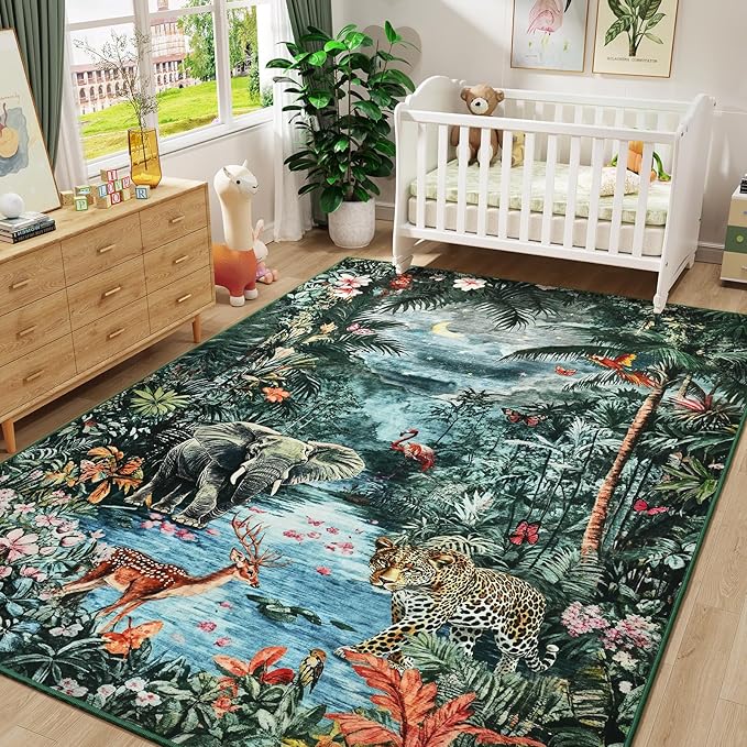 Amearea Jungle Print 6x9 Area Rug for Living Room, Washable Forest Animal Rugs for Bedroom, Low Pile Kids Nursery Room Rug, Leopard Rug Carpet for Boys Girls Playroom Dining Room Decor, Dark Green