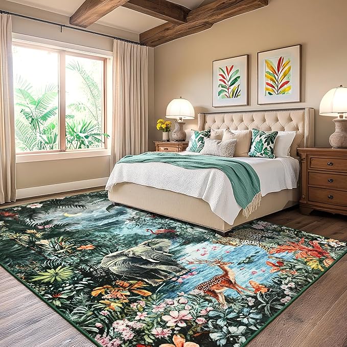 Amearea Jungle Print 6x9 Area Rug for Living Room, Washable Forest Animal Rugs for Bedroom, Low Pile Kids Nursery Room Rug, Leopard Rug Carpet for Boys Girls Playroom Dining Room Decor, Dark Green