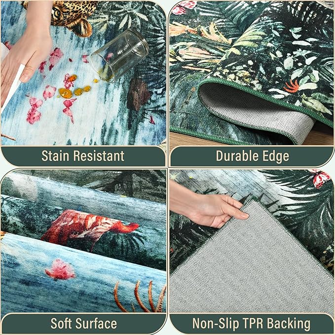 Amearea Jungle Print 6x9 Area Rug for Living Room, Washable Forest Animal Rugs for Bedroom, Low Pile Kids Nursery Room Rug, Leopard Rug Carpet for Boys Girls Playroom Dining Room Decor, Dark Green