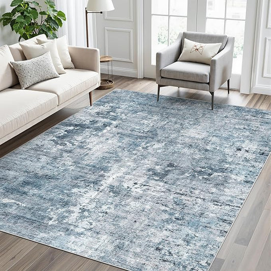Area Rugs 4x6 for Living Room, Vintage Abstract Washable Rugs for Dining Room, Kitchen, Non-Slip Area Rug Blue