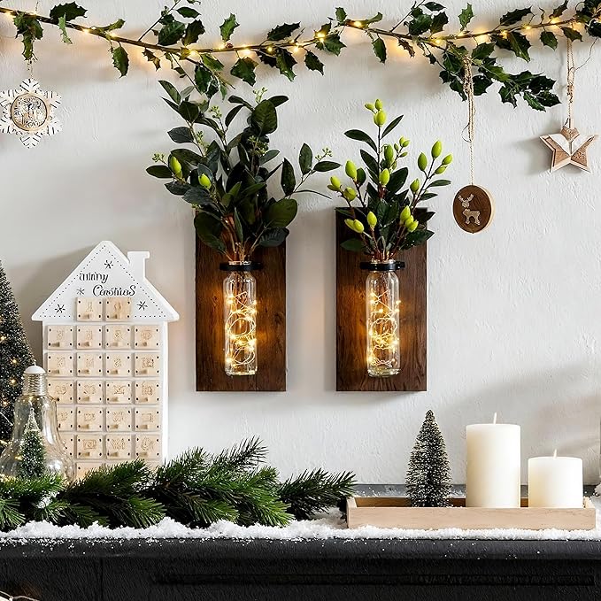 2 Pack Wood Glass Wall Sconces, Farmhouse Planters for Indoor Plants, Rustic Decor for Living Room, Hanging Vase (Brown)