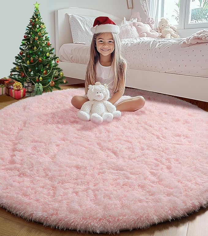 ONASAR Light Pink Round Area Rugs 4ft for Bedroom Living Room, Washable Fluffy Circle Rug for Kids Girls Boys Teen, Soft Plush Shaggy Carpet for Nursery Dorm Classroom Playroom Home Decor Aesthetic