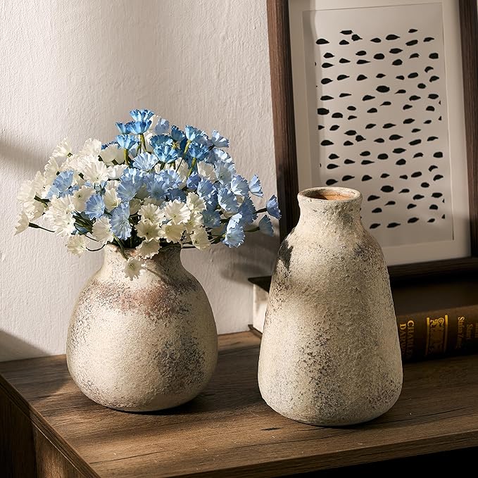 Ceramic Vase Set of 2 for Home Decor, Handcrafted Vintage Terracotta Vases, Rustic Farmhouse Decor, Minimalist Decorative Vase Set for Table Centerpiece Fireplace Nightstand Decoration - Brown