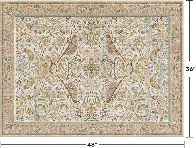 Large Entryway Rugs Indoor - Beige 3x4 Washable Rugs for Kitchen Bedroom Beside Bed Door Mat Indoor Entrance with Vintage Woodland Flowers, Non Slip Stain Resistant Low Pile