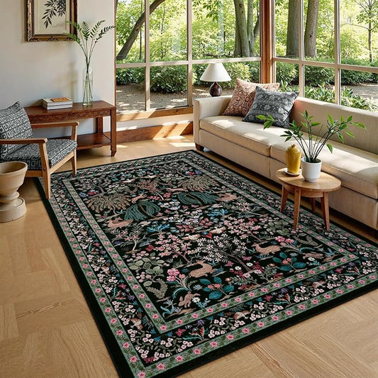 OJIA Living Room Rug 5x7 Area Rugs for Bedroom, Soft Black Washable Rugs Floral Animal Print Ultra-Thin Non-Slip Carpet Non-Shedding Indoor Boho Carpet Kids Rugs for Playroom Nursery Farmhouse
