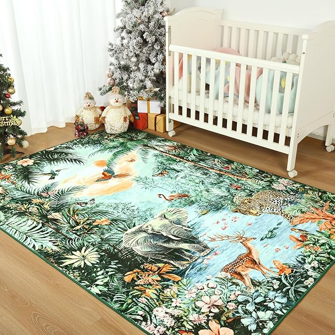 Amearea Jungle Print Small Area Rug for Living Room, Soft 3x5 Feet Washable Green Rugs for Bedroom, Forest Animal Rug Low Pile Kids Nursery Room Rug Carpet for Boys Girls Playroom Nursery Office Decor