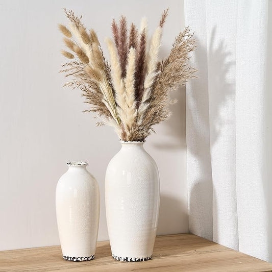 Ceramic Vases for Home Decor, Ice Crackle Aged White Vintage Ceramic Vase Set of 2, Minimalist Decorative Vase for Table Centerpiece Dining Living Room Office Nightstand Fireplace Decoration